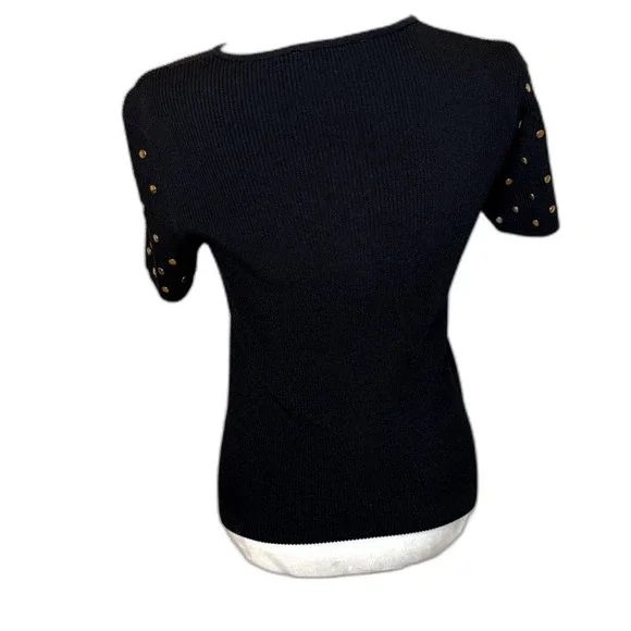 Zara Knit Ribbed Short Sleeve Top Black Gold Stud Embellished Womens - Picture 5 of 6